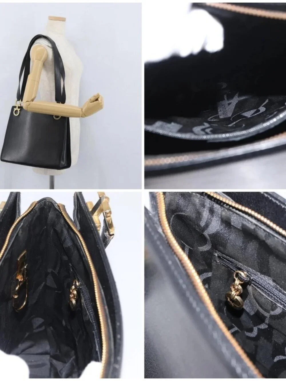 Salvatore Ferragamo Gancini Shoulder Bag Leather Black Gold Auth AMZ436